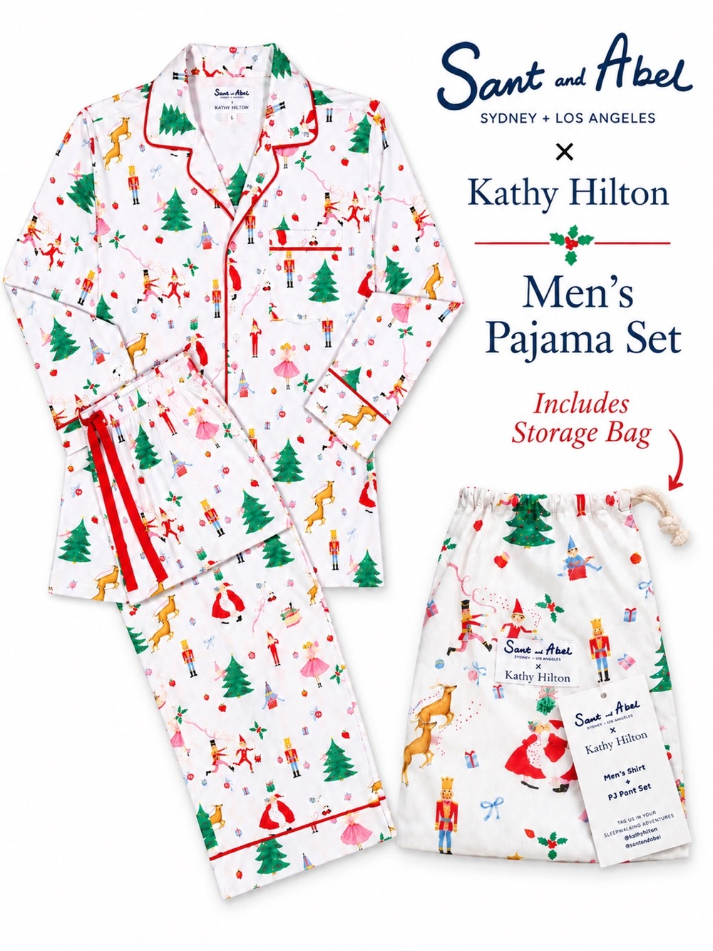 NWT Sant and Abel x Kathy Hilton Men’s Christmas Pajama Set L + Storage Bag